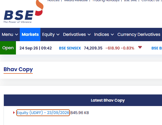 BSE Bhav Copy page showing the latest Equity (UDiFF) bhavcopy download dated 23/09/2026
