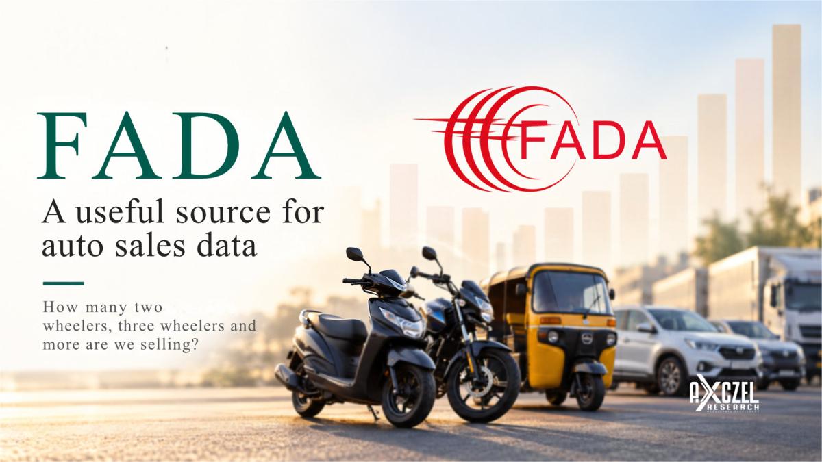 FADA and AXCZEL Research branded cover image showing a scooter, motorcycle and auto-rickshaw parked in a row with cars and trucks behind them, titled "FADA: A useful source for auto sales data — how many two wheelers, three wheelers and more are we selling?"