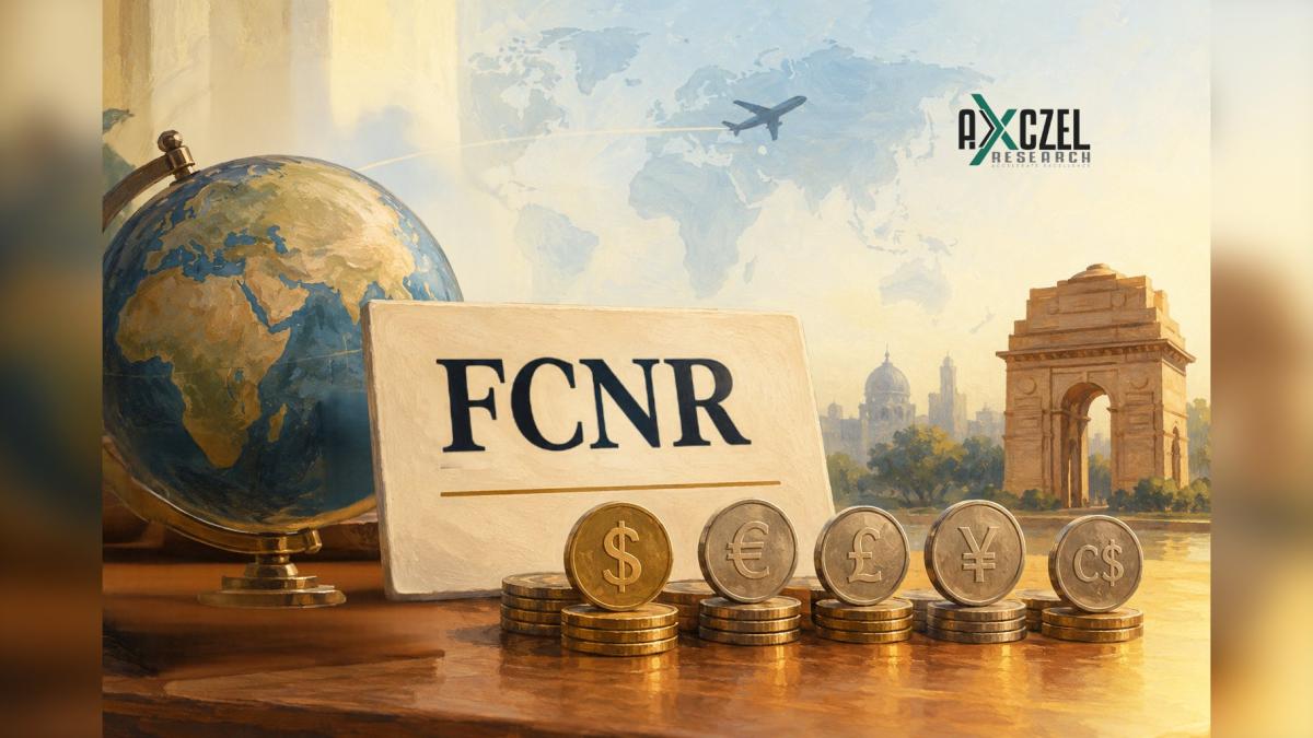 Painted illustration of a globe, a sign reading FCNR, and stacks of dollar, euro, pound, yen and Canadian dollar coins in front of India Gate.