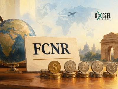 Painted illustration of a globe, a sign reading FCNR, and stacks of dollar, euro, pound, yen and Canadian dollar coins in front of India Gate.