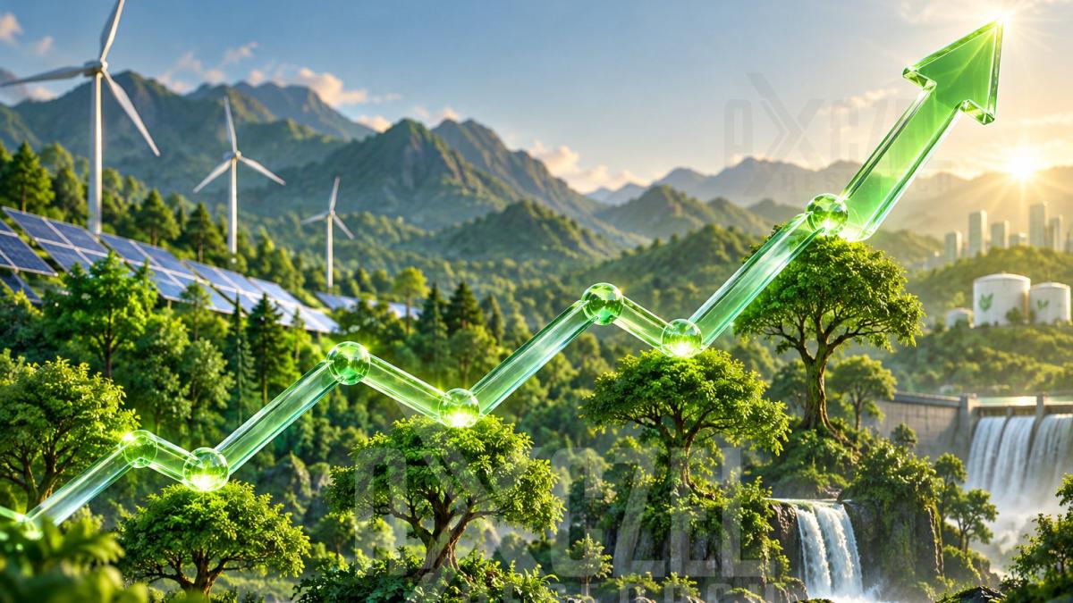 Green rising arrow over a lush landscape with wind turbines, solar panels, forest and a waterfall, representing green and renewable energy stocks