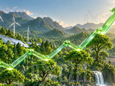 Green rising arrow over a lush landscape with wind turbines, solar panels, forest and a waterfall, representing green and renewable energy stocks