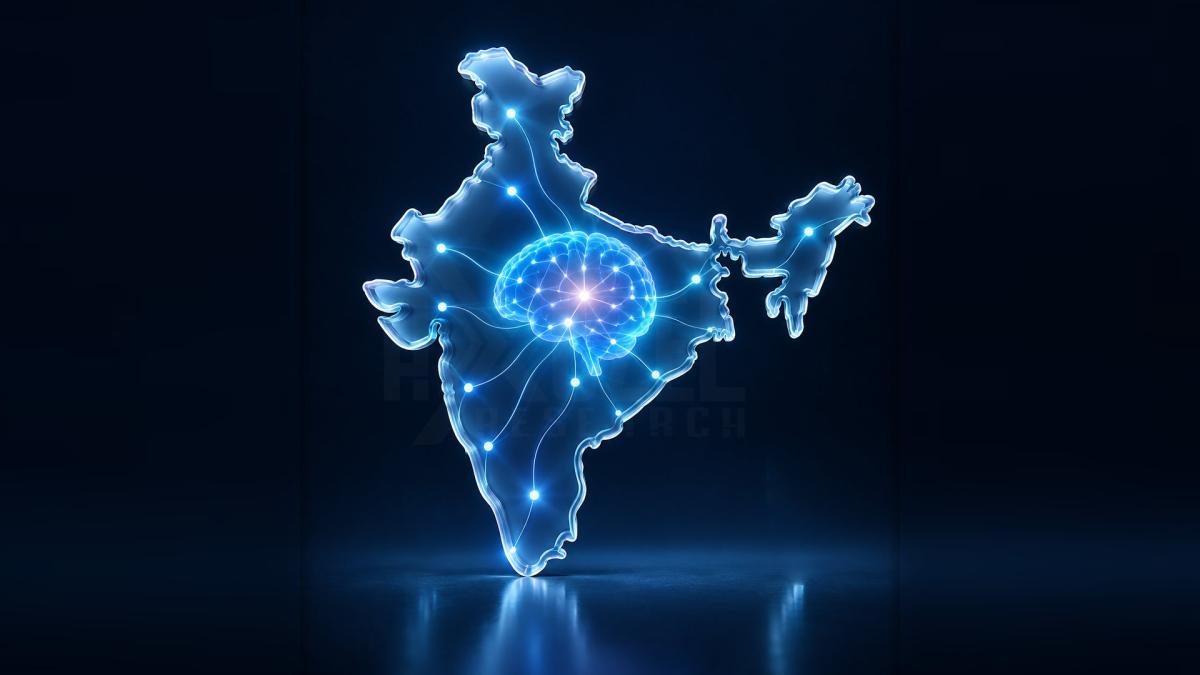 Glowing map of India with a lit-up brain at its centre, linked by network lines to points across the country, representing India's AI infrastructure