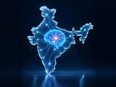 Glowing map of India with a lit-up brain at its centre, linked by network lines to points across the country, representing India's AI infrastructure