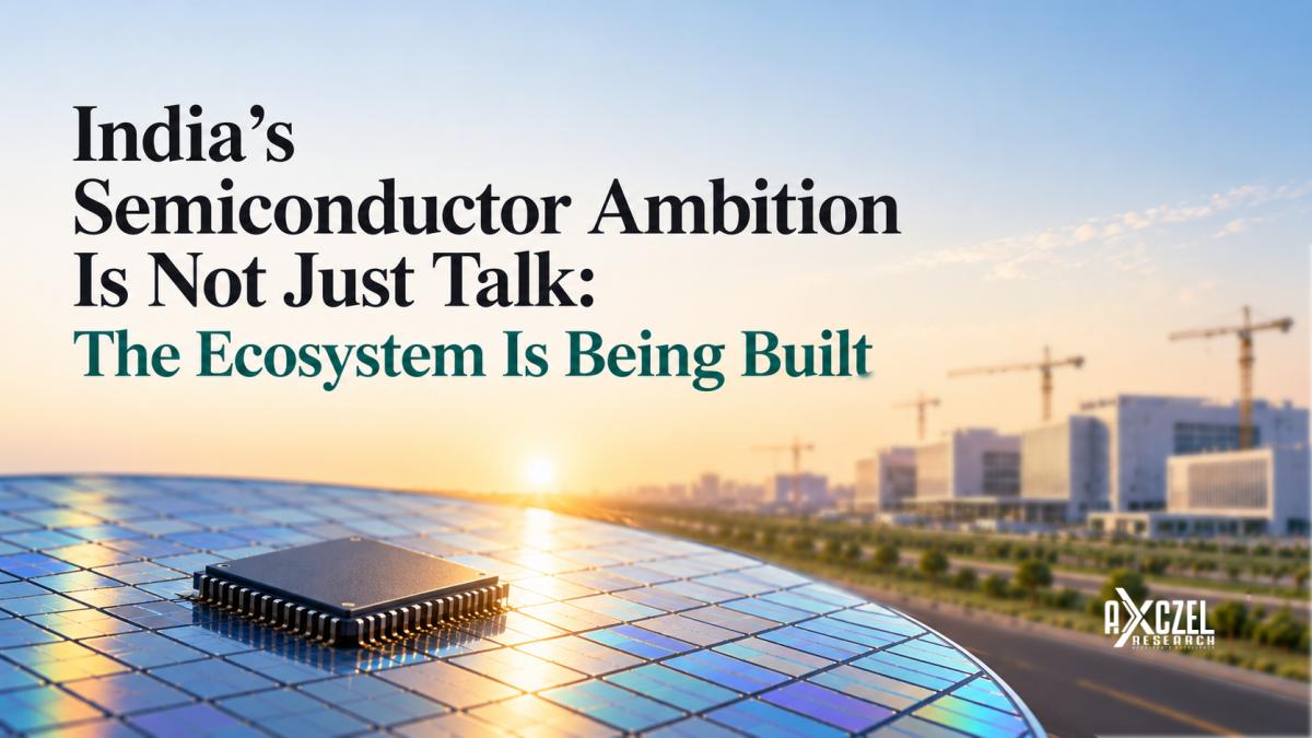 Cover graphic for India’s semiconductor ambition: a microchip resting on a silicon wafer at sunrise, with cranes and new buildings under construction in the background.