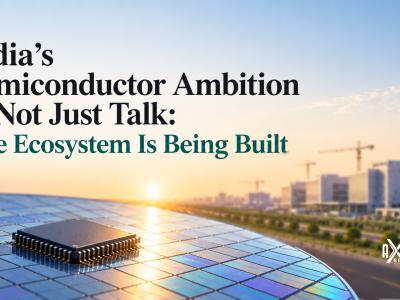 Cover graphic for India’s semiconductor ambition: a microchip resting on a silicon wafer at sunrise, with cranes and new buildings under construction in the background.