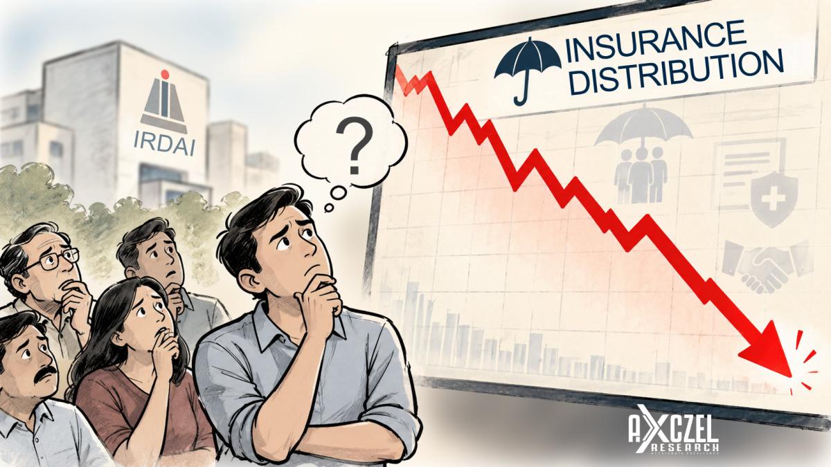 People looking worried at a falling insurance distribution chart, with the IRDAI building in the background, illustrating the IRDAI consultation paper on distribution reforms.