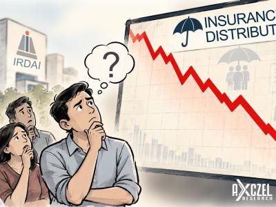 People looking worried at a falling insurance distribution chart, with the IRDAI building in the background, illustrating the IRDAI consultation paper on distribution reforms.