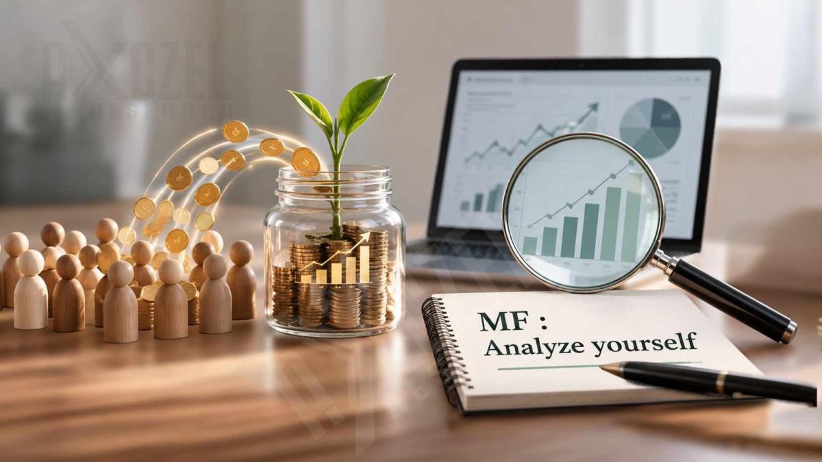 A jar of coins with a green plant growing from it, wooden figures, a magnifying glass over a growth chart and a notebook reading "MF: Analyze yourself"