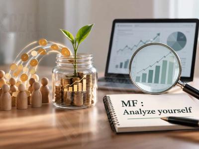 A jar of coins with a green plant growing from it, wooden figures, a magnifying glass over a growth chart and a notebook reading "MF: Analyze yourself"