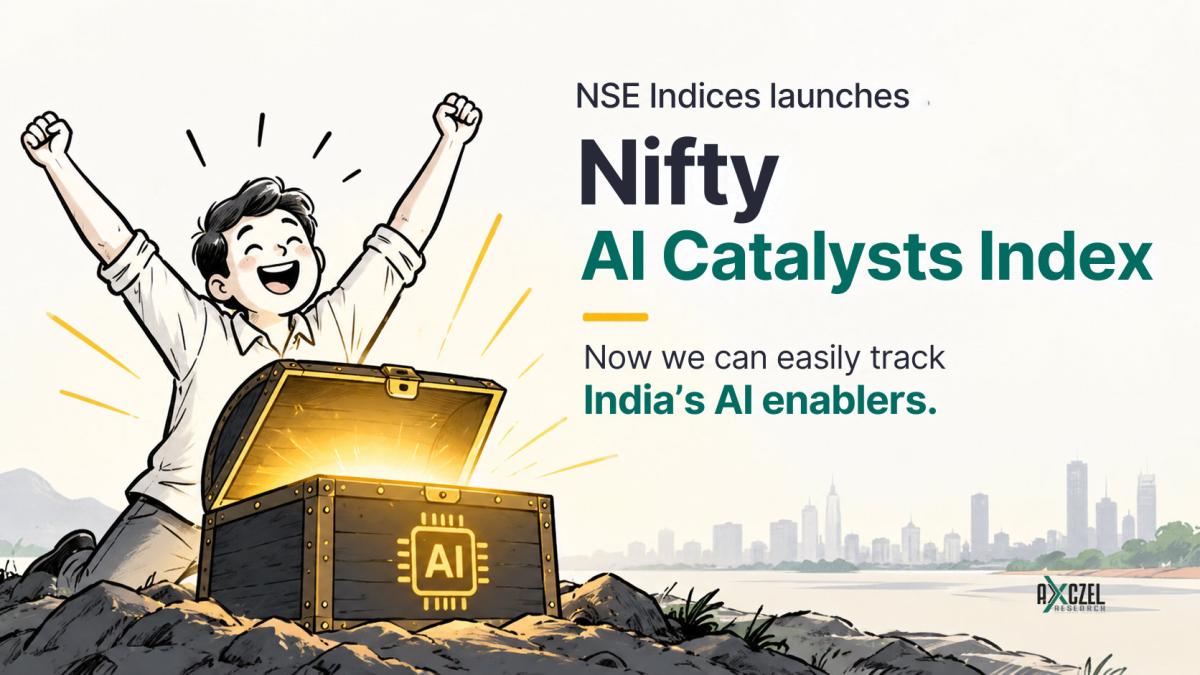 Illustration of a person celebrating opening a glowing AI treasure chest, with text reading NSE Indices launches Nifty AI Catalysts Index — Now we can easily track India’s AI enablers