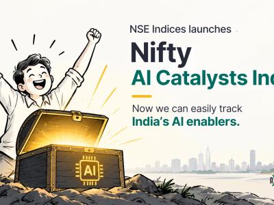 Illustration of a person celebrating opening a glowing AI treasure chest, with text reading NSE Indices launches Nifty AI Catalysts Index — Now we can easily track India’s AI enablers