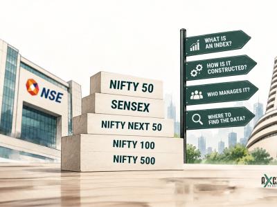 Illustration of the NSE and BSE buildings with stacked blocks labeled Nifty 50, Sensex, Nifty Next 50, Nifty 100 and Nifty 500, next to a signpost asking what is an index, how is it constructed, who manages it, and where to find the data.