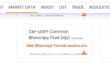 NSE All Reports page showing the CM-UDiFF Common Bhavcopy Final (zip) download with the new bhavcopy format readme file