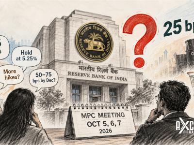 Illustration of the RBI headquarters building with economists debating a 25 basis point rate hike, crude oil barrels and rising inflation, ahead of the October 2026 MPC meeting