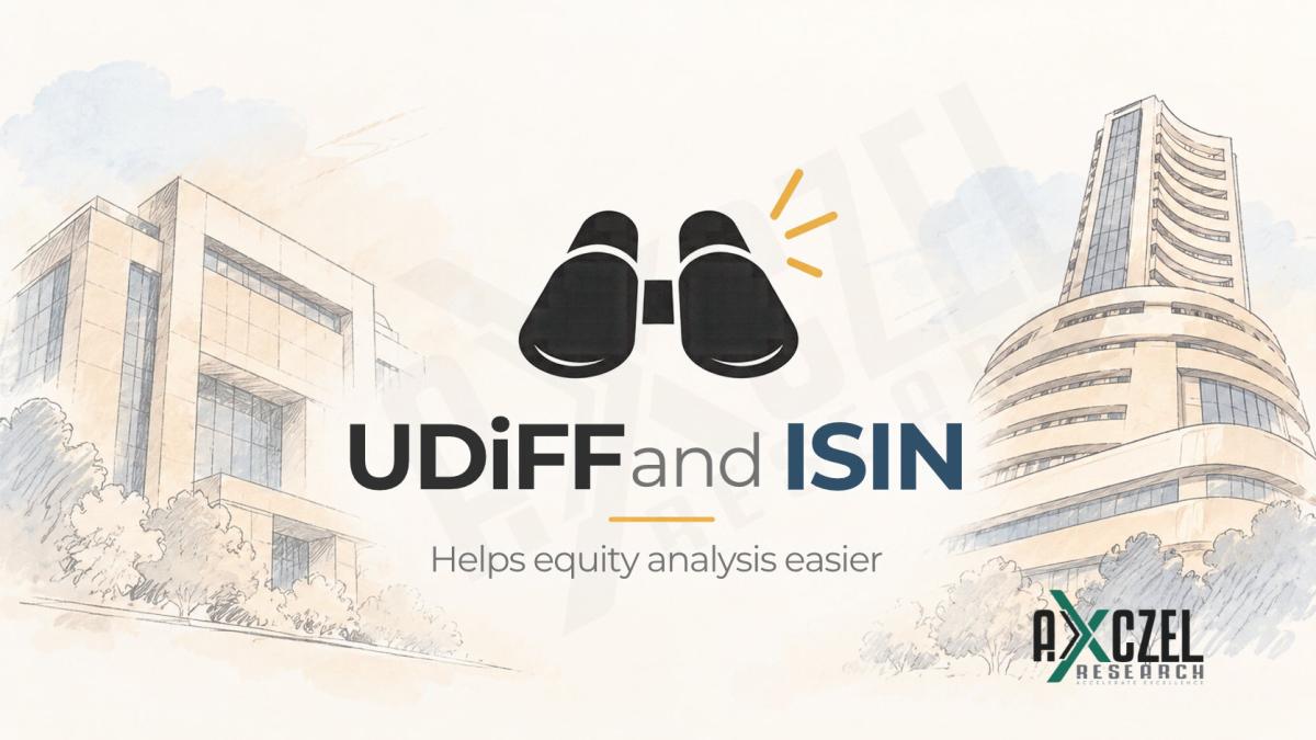 Cover illustration showing sketches of the NSE and BSE buildings with binoculars and the words UDiFF and ISIN, helps equity analysis easier, AXCZEL Research logo