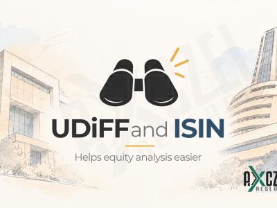 Cover illustration showing sketches of the NSE and BSE buildings with binoculars and the words UDiFF and ISIN, helps equity analysis easier, AXCZEL Research logo