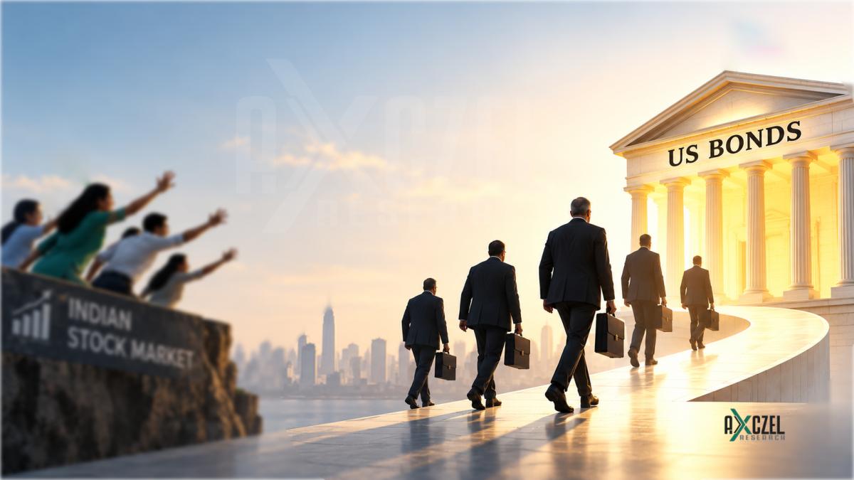 US bond yields pulling foreign investors away from the Indian stock market toward US Treasury bonds, illustrated by investors in suits walking from a sign reading Indian Stock Market toward a glowing building labeled US Bonds