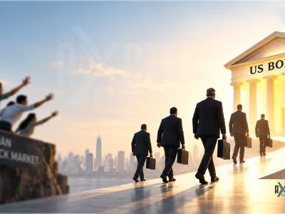 US bond yields pulling foreign investors away from the Indian stock market toward US Treasury bonds, illustrated by investors in suits walking from a sign reading Indian Stock Market toward a glowing building labeled US Bonds