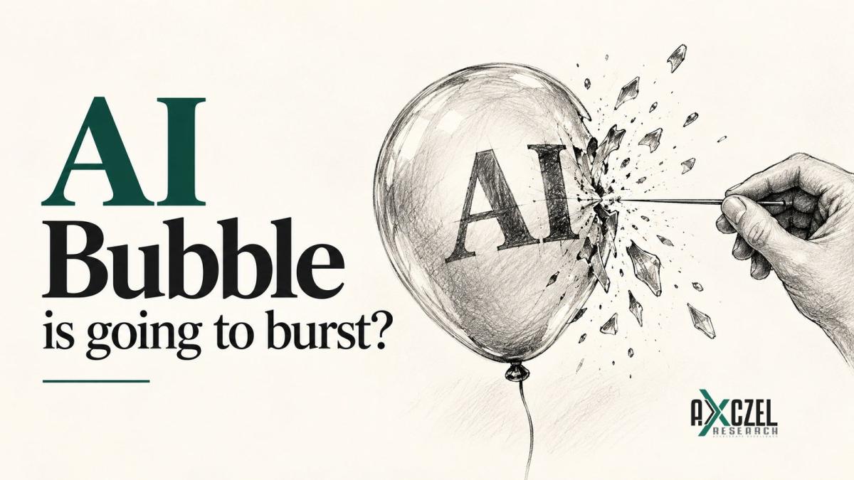 Pencil sketch of a balloon marked AI being popped by a pin, illustrating AI bubble fears and the IMF warning