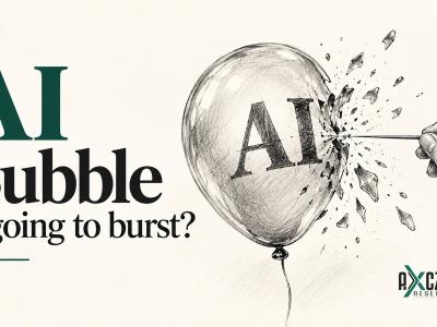 Pencil sketch of a balloon marked AI being popped by a pin, illustrating AI bubble fears and the IMF warning