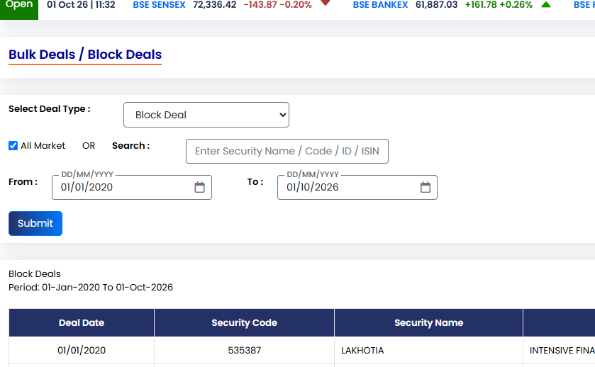 BSE page for downloading bulk and block deals data with deal type and date range fields