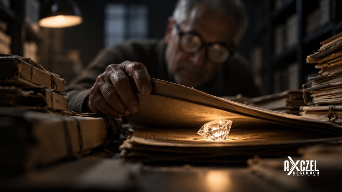 A researcher in an archive lifts an old ledger to reveal a glowing diamond, a picture of finding hidden value in bulk and block deals data