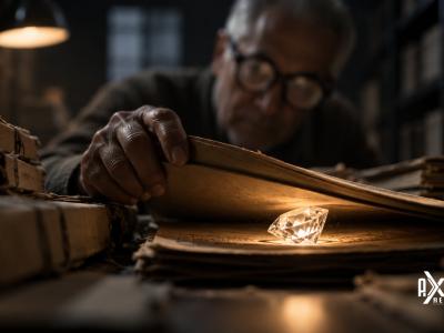 A researcher in an archive lifts an old ledger to reveal a glowing diamond, a picture of finding hidden value in bulk and block deals data