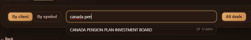 Client name search showing 19 trades for Canada Pension Plan Investment Board