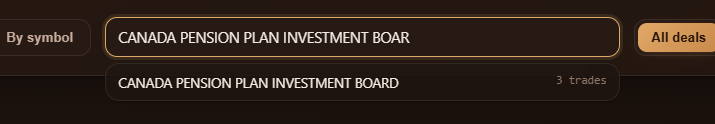 Client name search showing 3 trades for Canada Pension Plan Investment Board