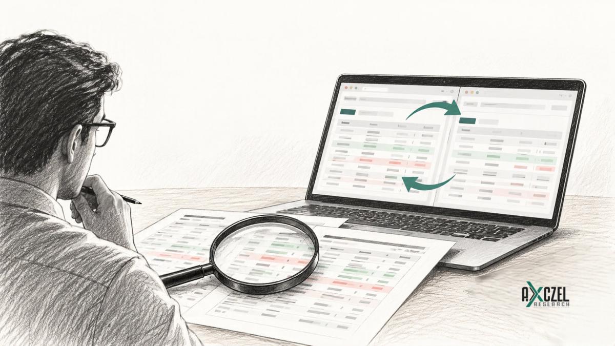 Sketch of an analyst studying bulk deal BSE and NSE records on paper and a laptop with a magnifying glass