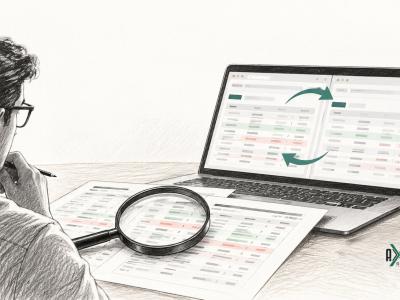 Sketch of an analyst studying bulk deal BSE and NSE records on paper and a laptop with a magnifying glass