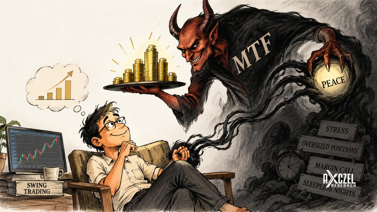 Cartoon of a devil labelled MTF holding gold coins and grabbing a peace orb from a swing trader, with signs for stress, oversized positions, margin call and sleepless nights, showing how MTF in trading can take away peace of mind