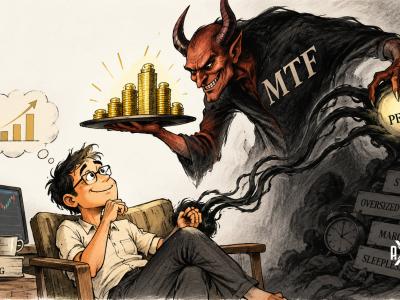 Cartoon of a devil labelled MTF holding gold coins and grabbing a peace orb from a swing trader, with signs for stress, oversized positions, margin call and sleepless nights, showing how MTF in trading can take away peace of mind