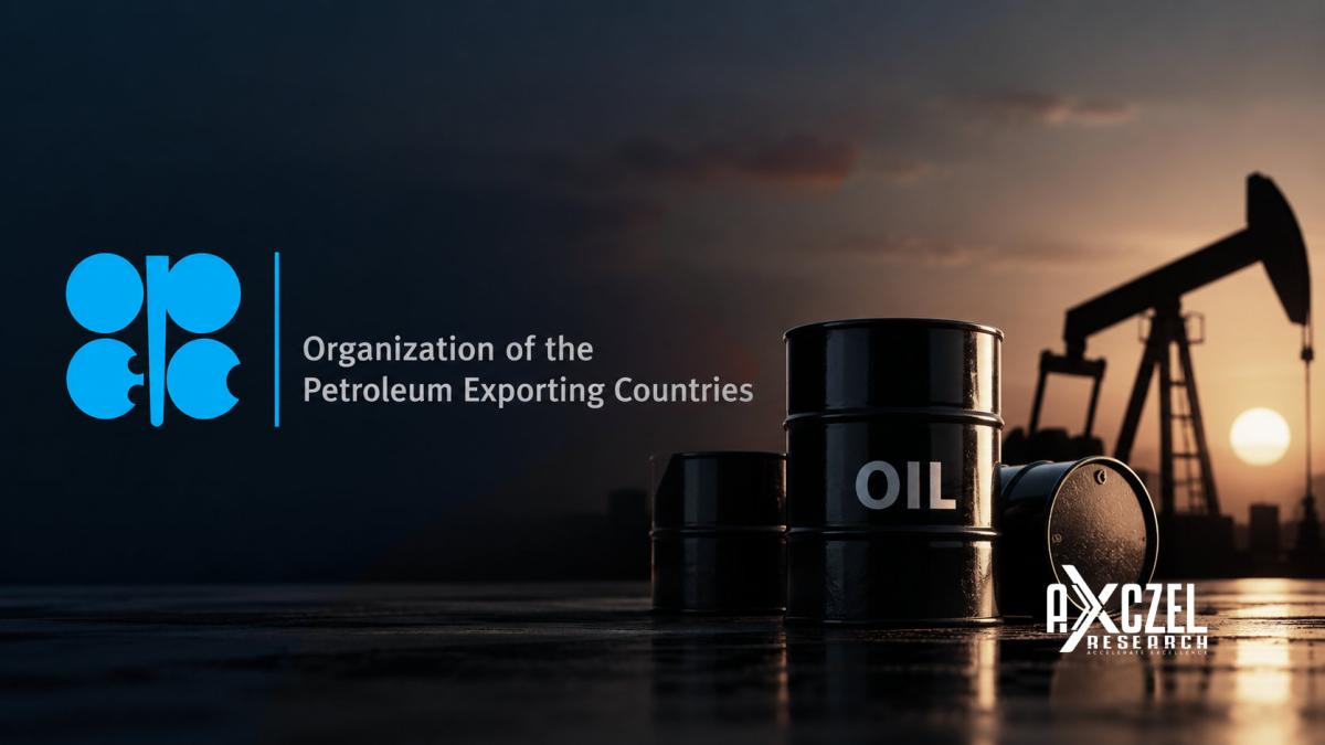 OPEC logo beside oil barrels and a pumpjack at sunset, illustrating the OPEC meeting on November oil output