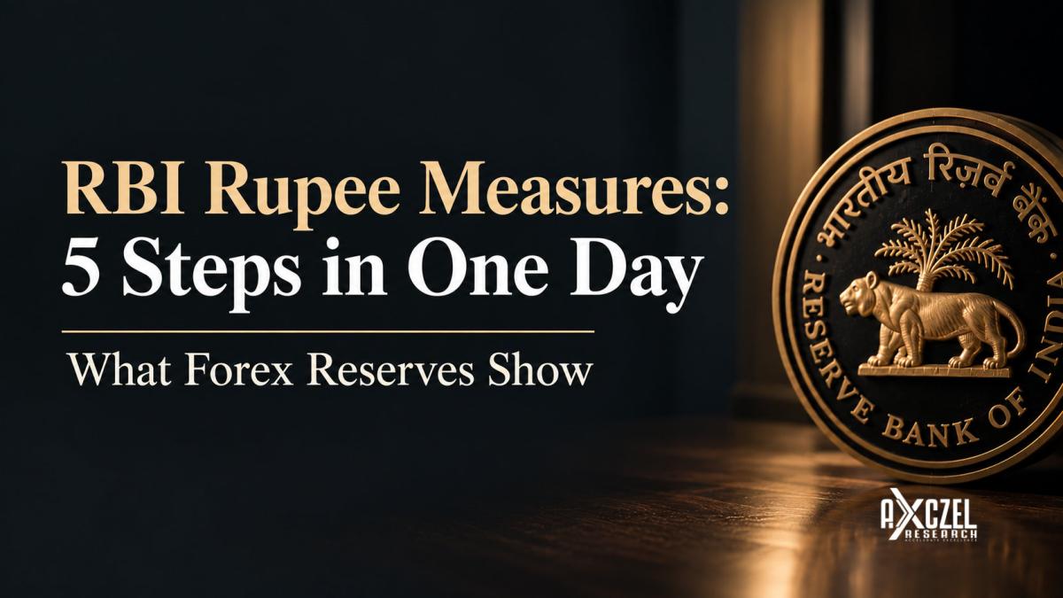 Cover image reading RBI Rupee Measures: 5 Steps in One Day, What Forex Reserves Show, with a Reserve Bank of India coin and the Axczel Research logo